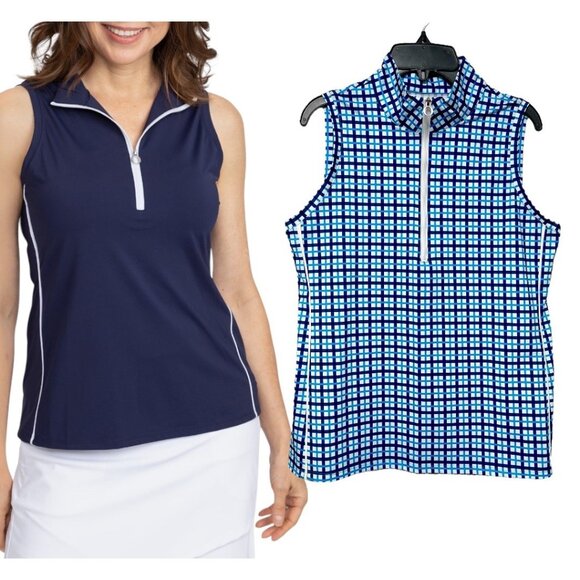 KINONA Keep It Covered Sleeveless Golf Top in Blue Plaid Size S - Picture 1 of 8